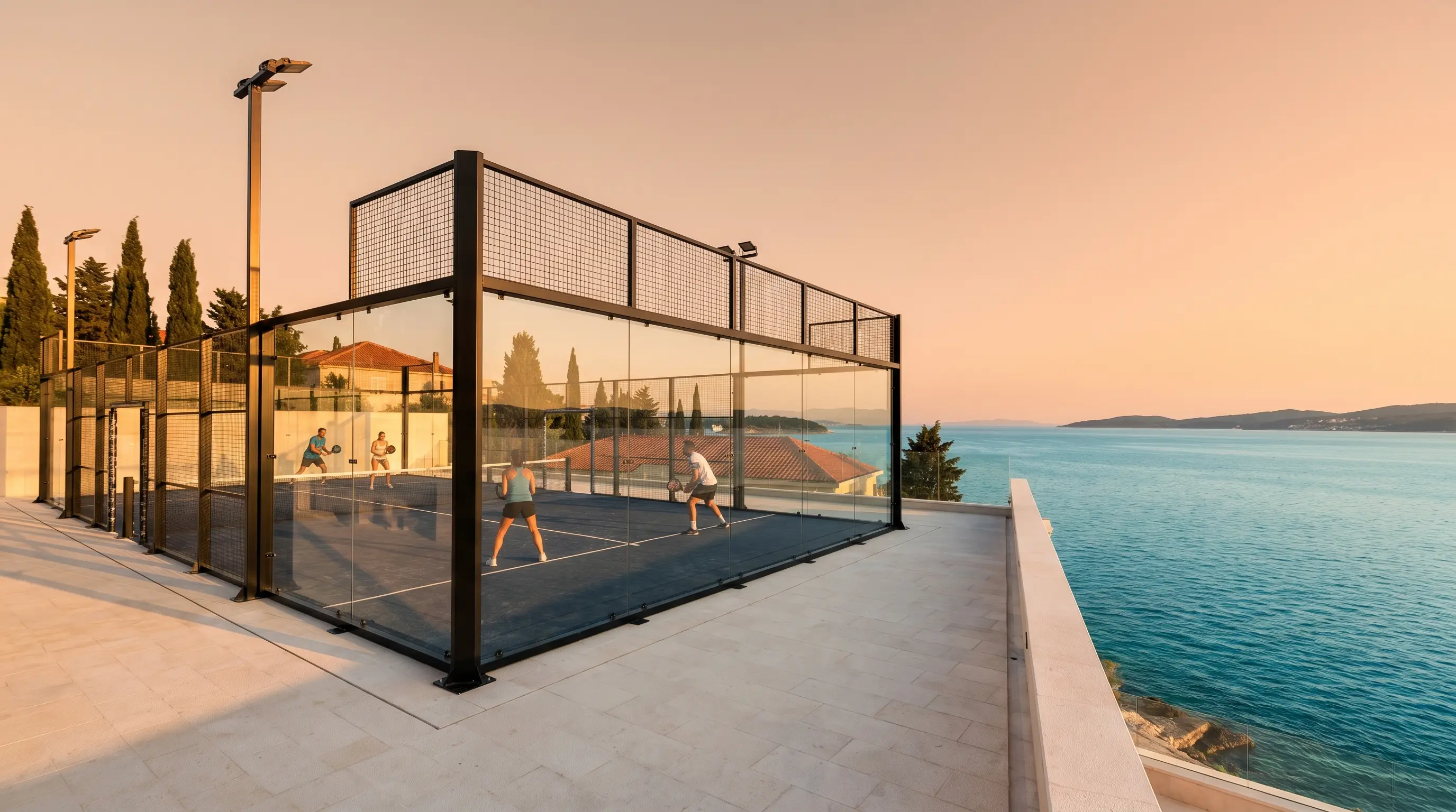 Panoramic glass padel court on a seaside terrace overlooking the Adriatic at sunset