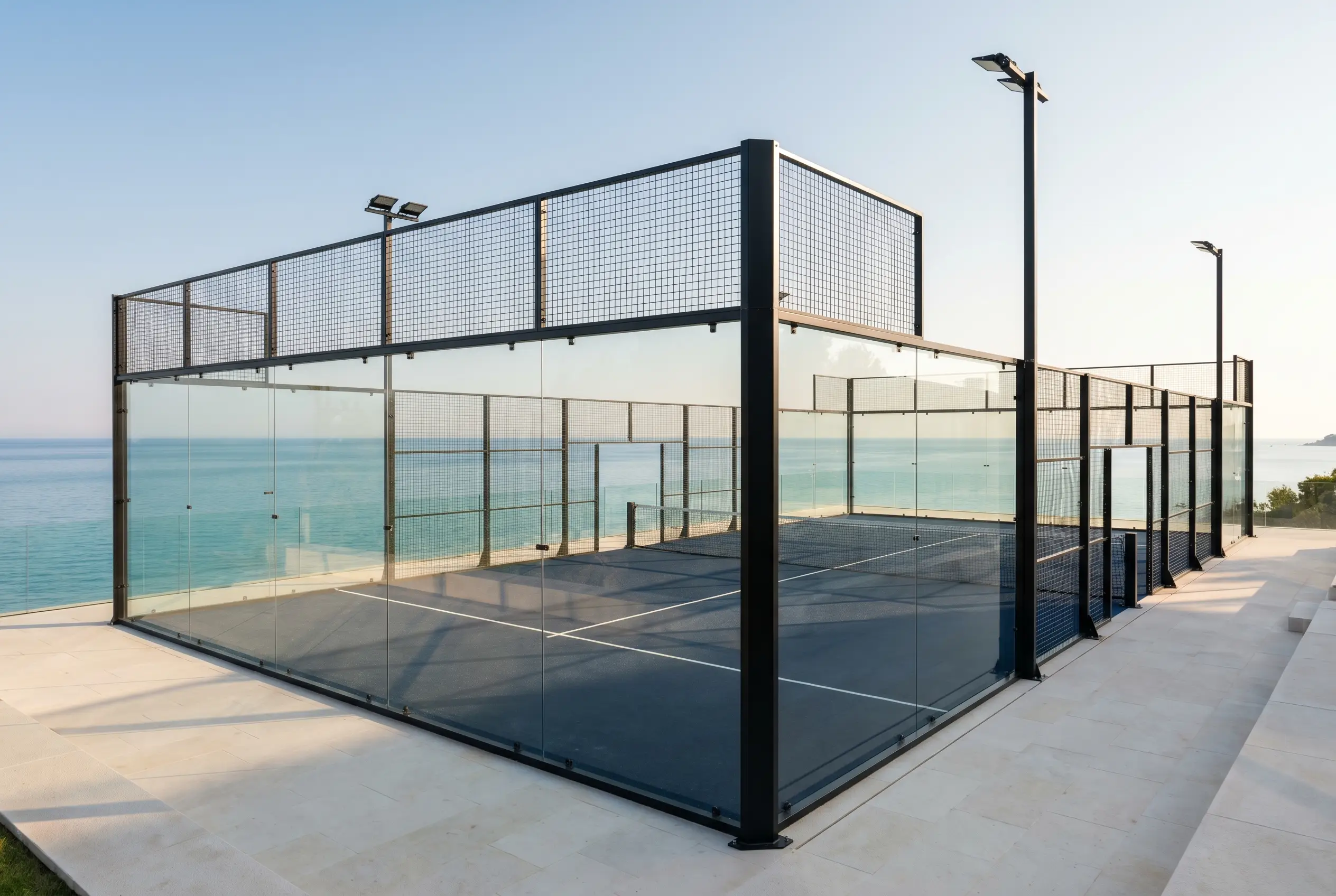 Open-air panoramic glass padel court on a seaside terrace